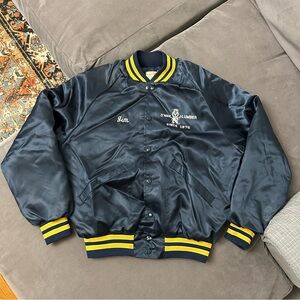 Vintage King Louie Pro Fit Jacket Medium Navy Blue Satin Snap Bomber Jim Logo